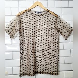 Ladies Nude Sheer Blouse Crew Neck Short Sleeve Lightweight Metallic Polka Dots